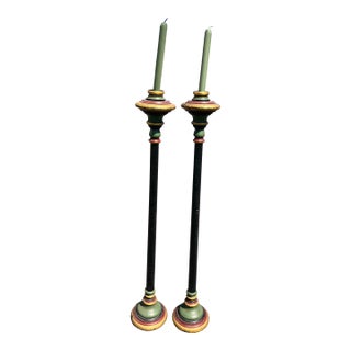 Pair of Late 19th Century Hand Painted & Carved Wood Floor-Size Candle Sticks For Sale