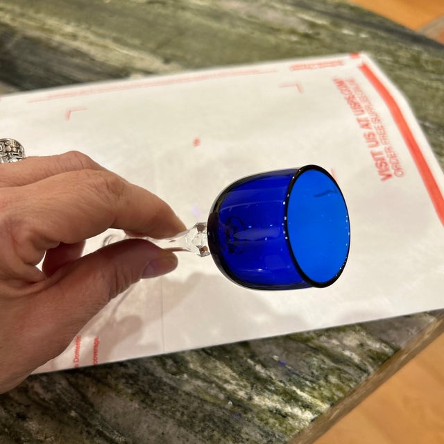 Royal Blue 1930s Set of Seven Rare Cobalt Blue Louie Cordial Glasses West Virginia For Sale - Image 8 of 9