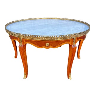 Banded Mahogany Marble Top Coffee Table With Brass Gallery- Spain, Mid 1900s For Sale