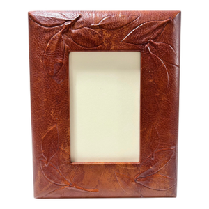 Vintage Tooled Leather Picture Frame With Leaf Motif, Holds 4x6 Photo