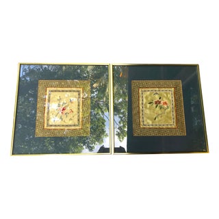 Vintage Mid Century Chinoiserie Framed Silk Embroidery Textile Art - a Pair For Sale