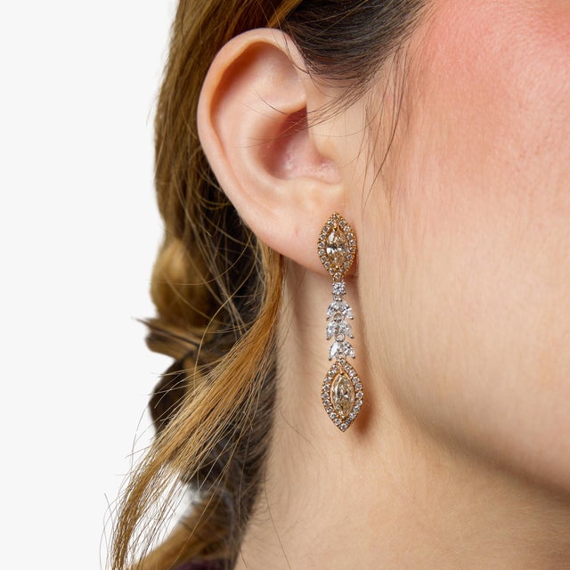 Mid 20th Century Pair of Marquise Cut Diamond 18k Two Tone Gold Drop Earrings For Sale - Image 4 of 7
