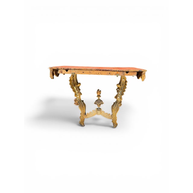 Gold Pair of Rare 18th C. Venetian Giltwood Console Tables With Red-Painted Tops For Sale - Image 8 of 9