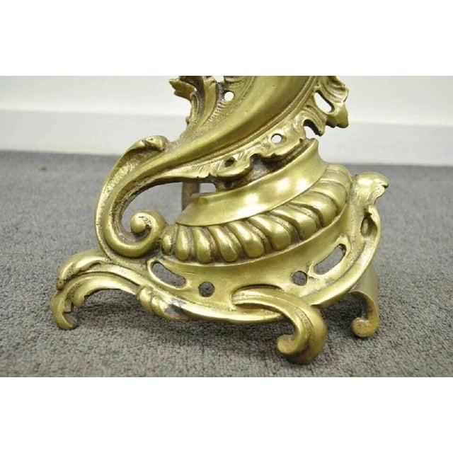 Metal Antique French Louis XV Rococo Style Bronze Brass Acanthus Andirons - A Pair For Sale - Image 7 of 11