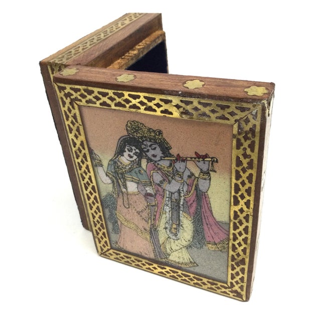 Vintage Inlaid Brass Over Wood Trinket Box Glass Painted Hinged Lid For Sale In Portland, ME - Image 6 of 13