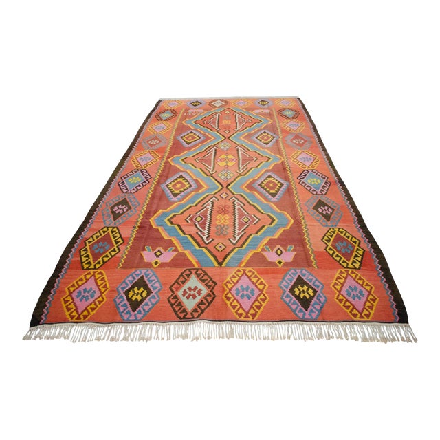 1980s Vintage Handwoven Turkish Kilim Rug Large Living Room Decor- 6′10″ X 12′8″ For Sale
