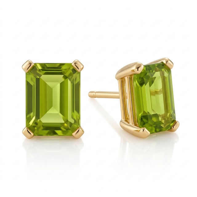 Peridot Emerald-Cut Stud Earrings These sophisticated stud earrings showcase vibrant peridot gemstones, admired for their...