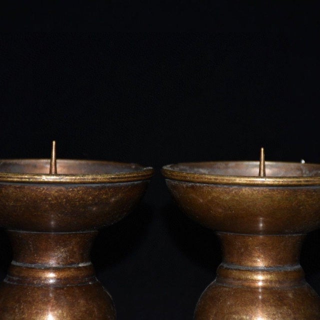 Bronze Pair of Bronze Candle Holders — Curved Dish & Trumpet Base, Aged Patina For Sale - Image 8 of 9