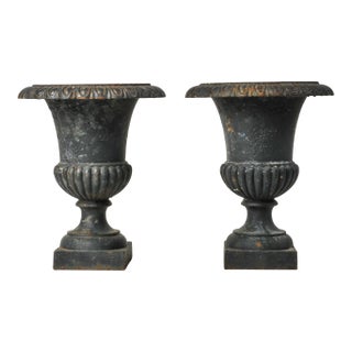 Pair of Small Vintage Cast Iron Urn Planters 12" For Sale