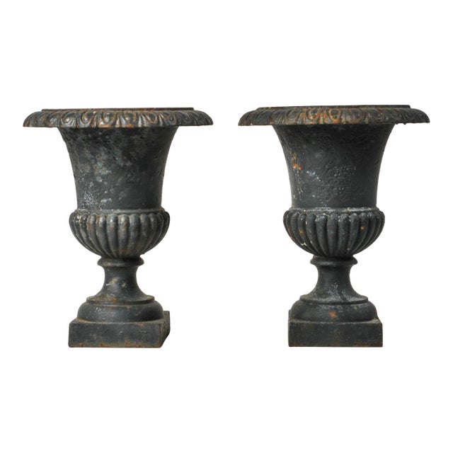 Pair of Small Vintage Cast Iron Urn Planters 12" For Sale
