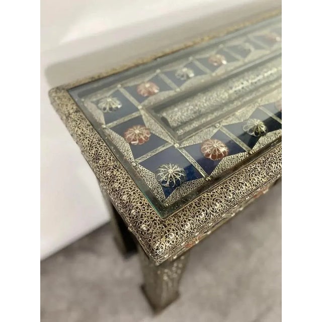 Hollywood Regency Style Blue & Silver Console With Filigree Design & One Drawer For Sale - Image 4 of 12