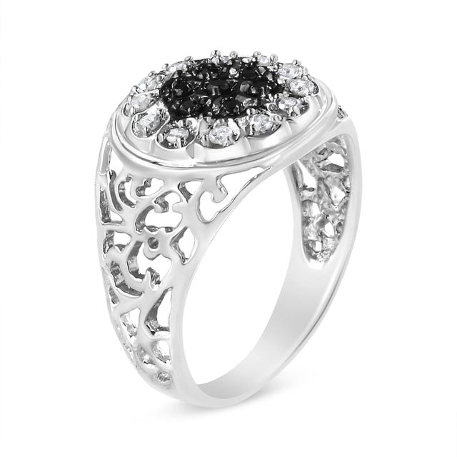 Contemporary .925 Sterling Silver 1/4 Cttw White and Black Treated Diamond Halo Cluster Ring for Men (I-J Color, I3 Clarity) - Size 9 For Sale - Image 3 of 5