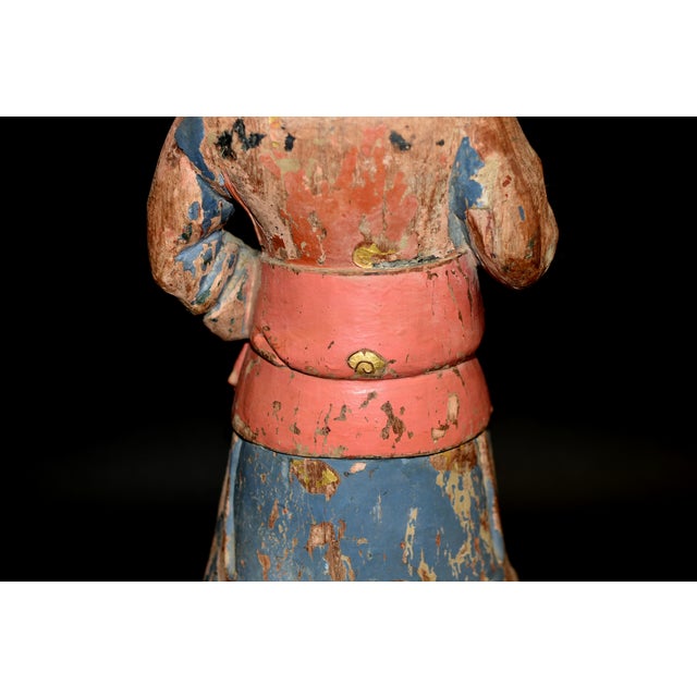 18th Century Ming Dynasty Polychrome Wood Statue of Warrior Guard For Sale - Image 11 of 15