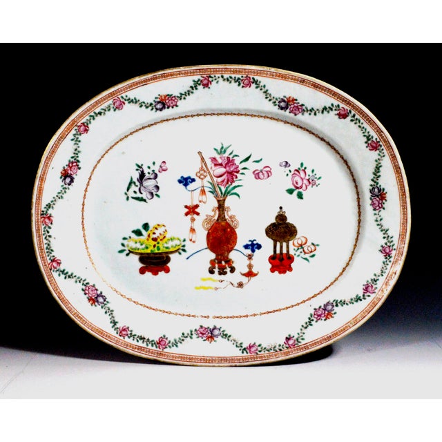 Rose Chinese Export Famille Rose Porcelain Oval Platter With Precious Objects, Circa 1765–1785 For Sale - Image 8 of 8