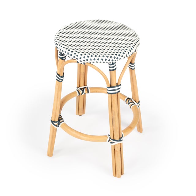 Navy Blue Tobias 24 in. Seat Height Round Rattan Backless Counter Stool, White/Navy Dot / Natural Rattan Frame For Sale - Image 8 of 8