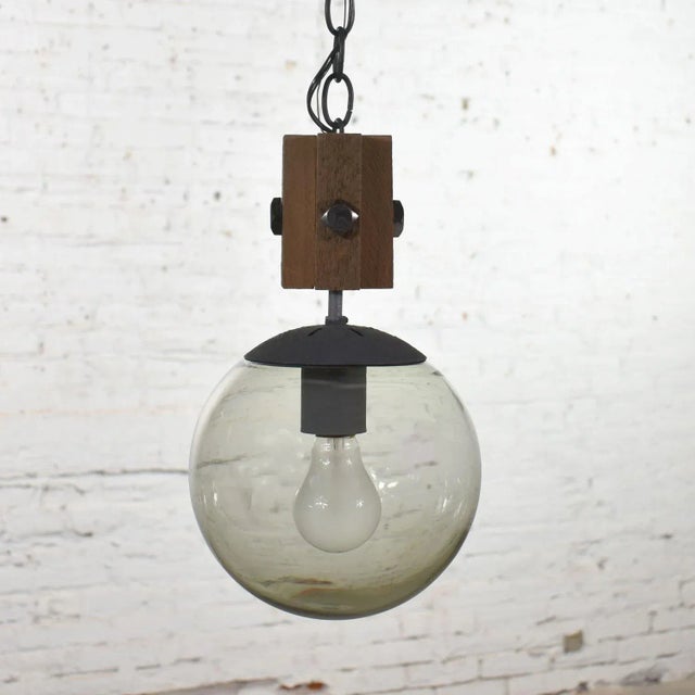Mid Century Modern Brutalist Pendant Light Wood & Smoked Glass Globe Black Chain N O S For Sale - Image 13 of 13