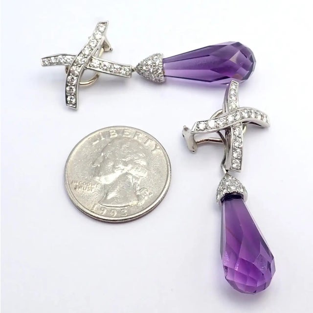 1980s Pair of Tiffany & Co Paloma Picasso X Drop Diamond Amethyst Night Day Platinum Earrings For Sale - Image 15 of 16
