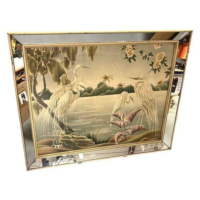 Wood 1940 Tropical Crane /Egret Scenic Print, Mirror Framed by Billy Seay for Turner For Sale - Image 7 of 9