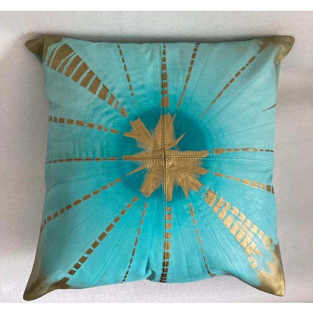 2010s Contemporary Boho Tie Dye Turquoise Gold Leather Pillow Cover For Sale - Image 5 of 6