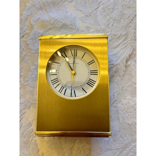 Vintage Tiffany & Co. Swiss Brass Quartz Desk Alarm Clock, Roman Numeral Dial, 1970s For Sale - Image 11 of 12