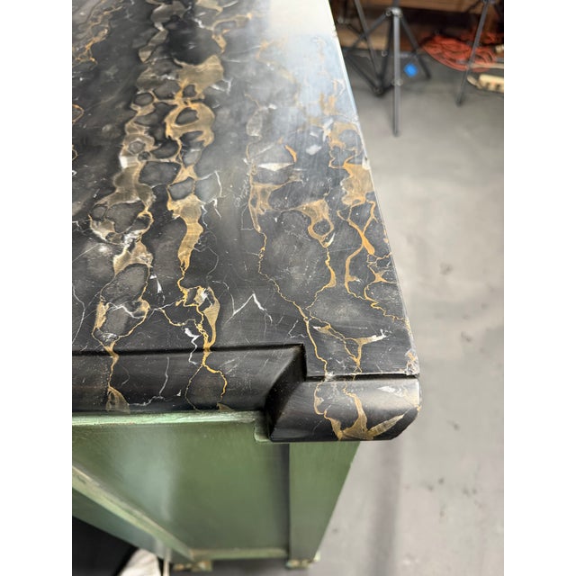 Vintage Neoclassical Green & Gold Painted Sideboard / Buffet With Black Marble Top For Sale - Image 9 of 12