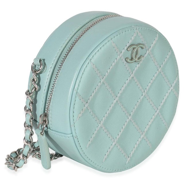 Contemporary Teal Ultimate Stitch Lambskin Round Clutch On Chain For Sale - Image 3 of 9