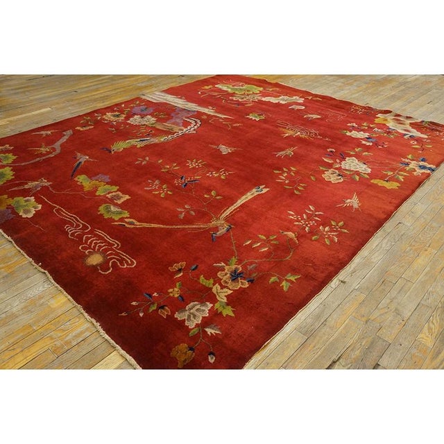 1920s 1920s Red Floral Antique Chinese Art Deco Water Bird Rug 8'2" X 9'8" Wool Carpet For Sale - Image 5 of 10