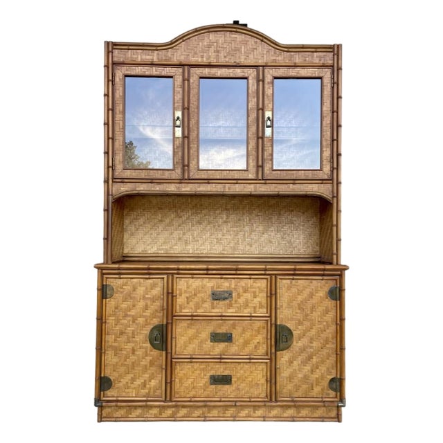 Coastal Rattan China Hutch by Dixie For Sale