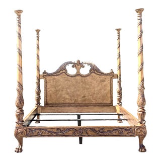 Late 20th Century Vintage Boho Maitland Smith Carved King Poster Bed Frame For Sale