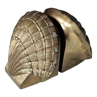 Vintage Hollywood Regency Solid Brass Scallop Shell Bookends - Pair For Sale