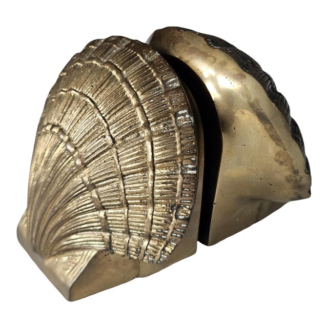 Vintage Hollywood Regency Solid Brass Scallop Shell Bookends - Pair For Sale
