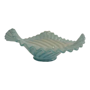 Circa 1939 Fenton Art Glass Blue Opalescent Spiral Optic Crimped Ruffled Rim Bowl