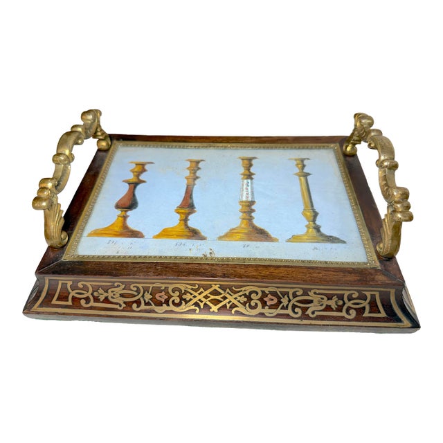 Antique 19th Century French Boulle Wood Brass Original Watercolor Vanity Tray For Sale