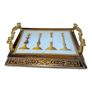 Antique 19th Century French Boulle Wood Brass Original Watercolor Vanity Tray