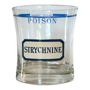 Vintage Large “Name Your Poison” Strychnine Cocktail / Whiskey / Lowball Barware Glass, Cera for Neiman Marcus