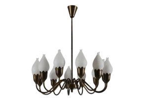 12-Armed Tulip Chandelier in Brass & Hand-Blown Glass from Fog & Mørup, Denmark, 1950s