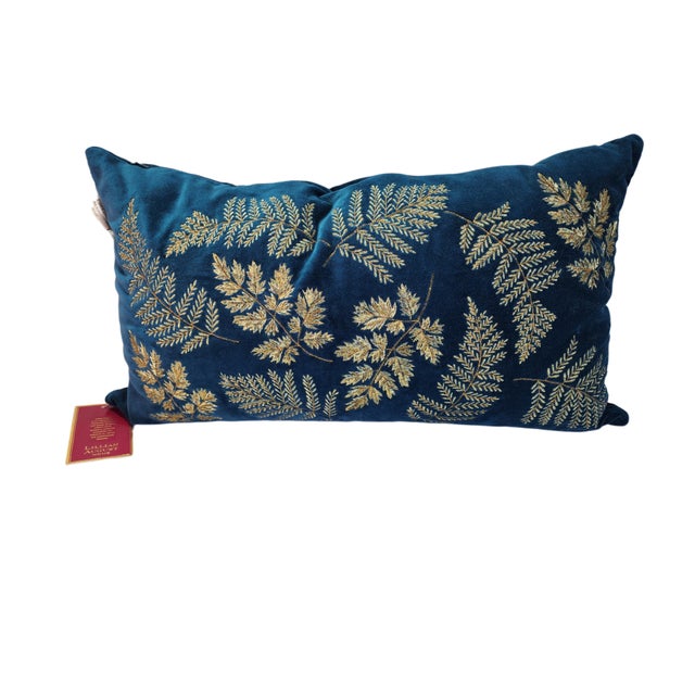 Textile Lillian August Midnight Sapphire Velvet Lumbar Pillow With Gold Embroidery For Sale - Image 7 of 11