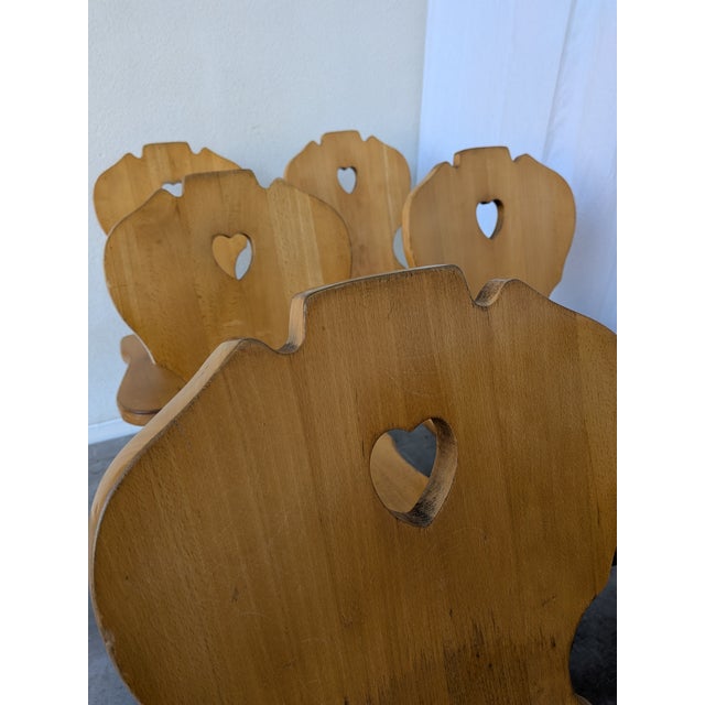 1970s Vintage Tyrolean Farmhouse Heart Cutout Wooden Dining Chairs, 1970s, Set of 8 For Sale - Image 5 of 18