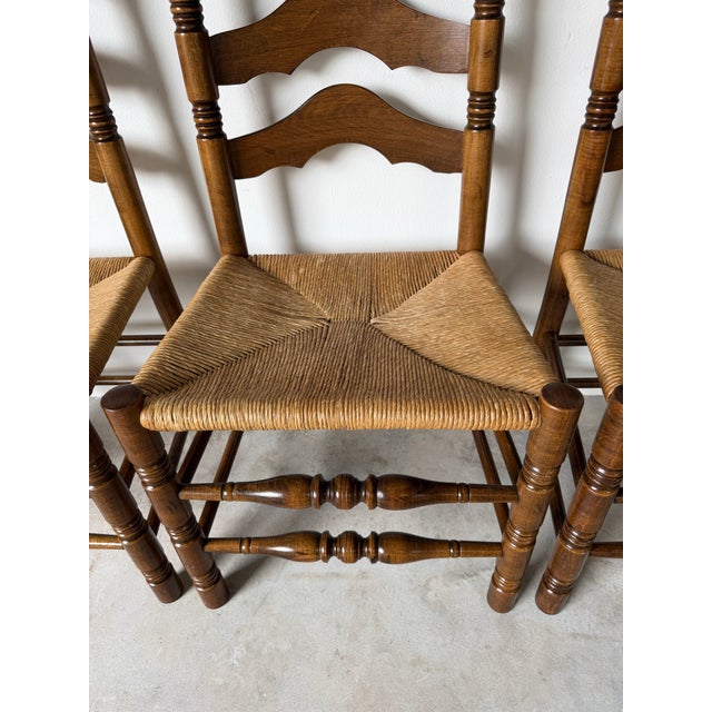 Vintage French Country Style Tall Ladder Back Rush Seat Dining Chairs – Set of 4 For Sale - Image 16 of 18
