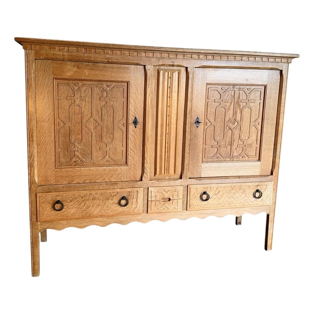 1970s Danish Oak Brutalist Carved Front Sideboard Attrb Henning Kjaernulf For Sale