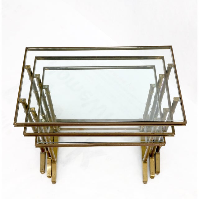 Set of MCM Solid Brass Faux Bamboo Glass Top Nesting Side End Tables Stands For Sale - Image 10 of 15