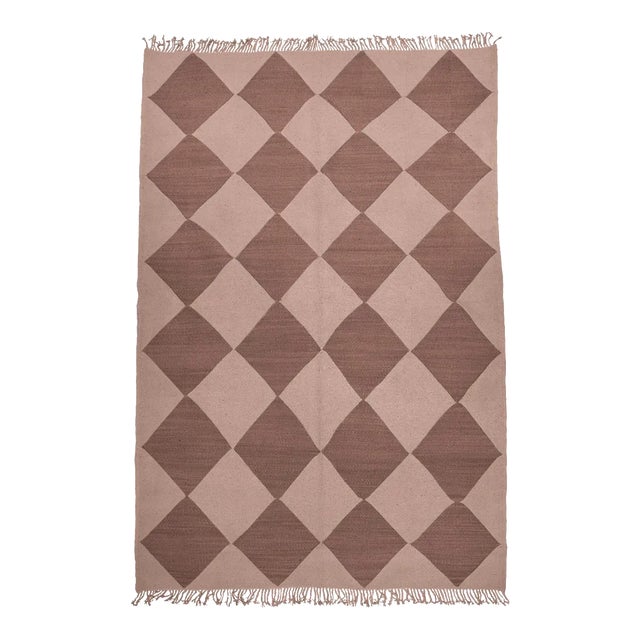 Redwood & Rust Diamond Checker Zanafi Flatweave Moroccan Wool Rug 4' x 6' For Sale