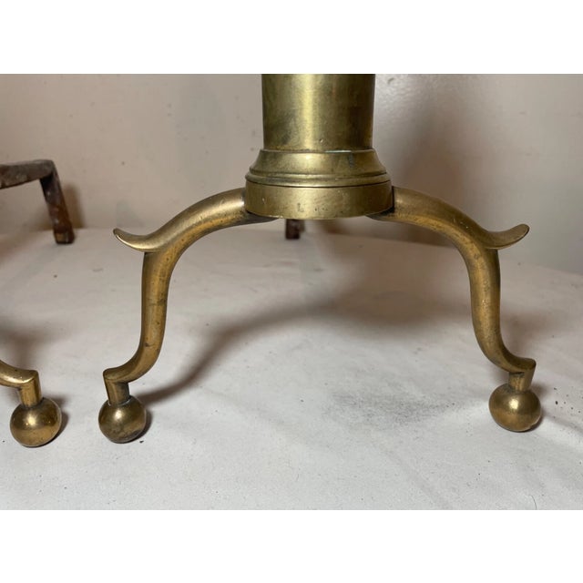 Pair of Antique 1700's Peened Brass Wrought Iron Federal Double Lemon Andirons For Sale In New York - Image 6 of 14