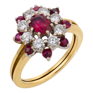 Vintage Ruby Diamond 18k Gold Cluster Ring, Size 6.5
