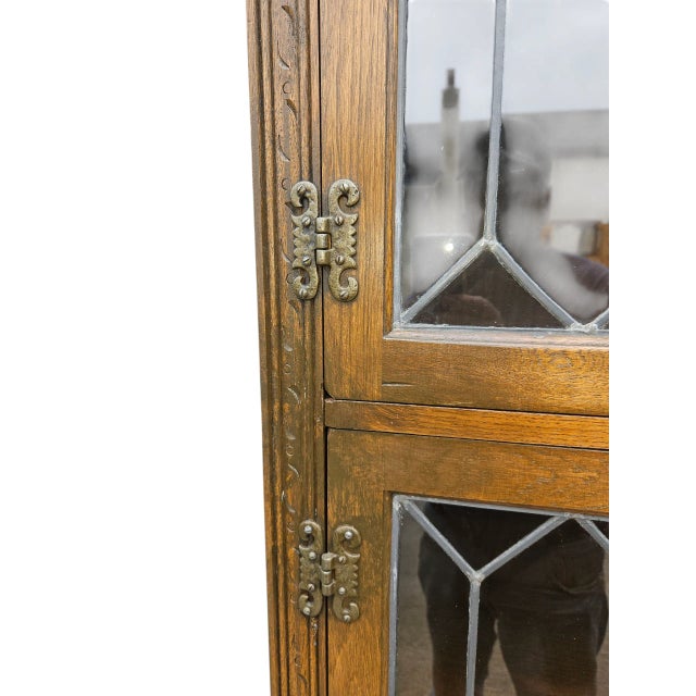 Brown 1970s Vintage Oak Wood Bros Jacobean Cabinet Leaded Glass Hutch Bookshelf Old Charm For Sale - Image 8 of 12