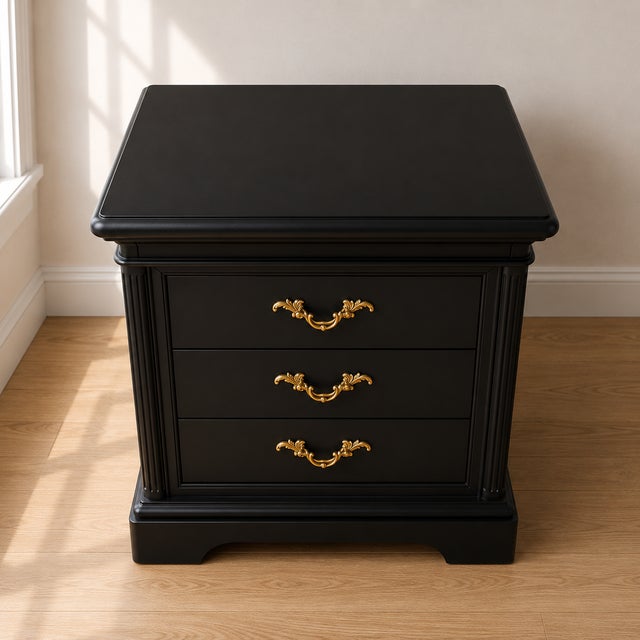 Wood Pair of Vintage Black Painted French Provincial 3-Drawer Nightstands With Gilded Brass Hardware For Sale - Image 7 of 8