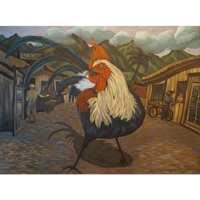 The rooster owns the street. Zimmerman has scaled this bird to a size that makes the village architecture behind it look...