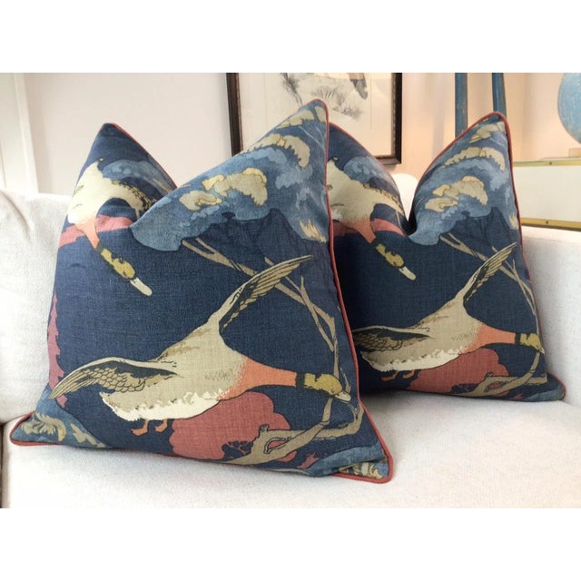 English Lee Jofa “Flying Ducks in Red and Blue Pillows- a Pair For Sale - Image 3 of 5