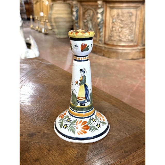 Early 20th Century Early 20th Century French Henriot Quimper Hand-Painted Faience Candlestick For Sale - Image 5 of 10