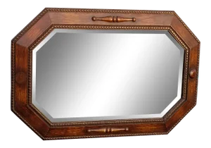 Vintage French Country Brown Oak Polygon Wall Mantle Beveled Mirror